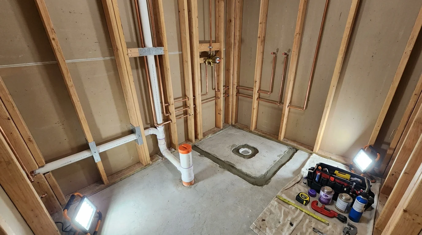 Bathroom rough-in plumbing during remodel by Johns Plumbing LLC in Webster City
