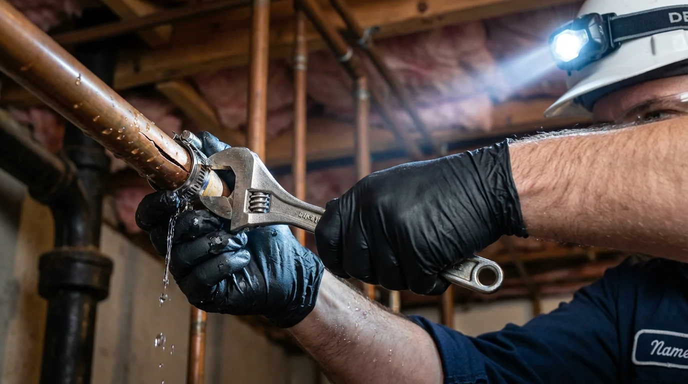 Emergency pipe clamp repair being performed by a Johns Plumbing LLC plumber in Webster City