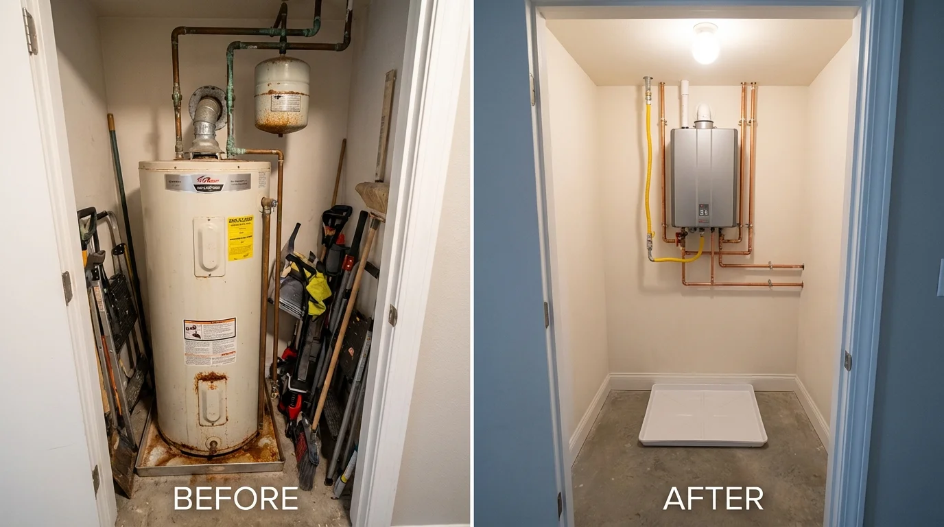 Tank water heater versus wall-mounted tankless unit comparison for Webster City, IA homeowners