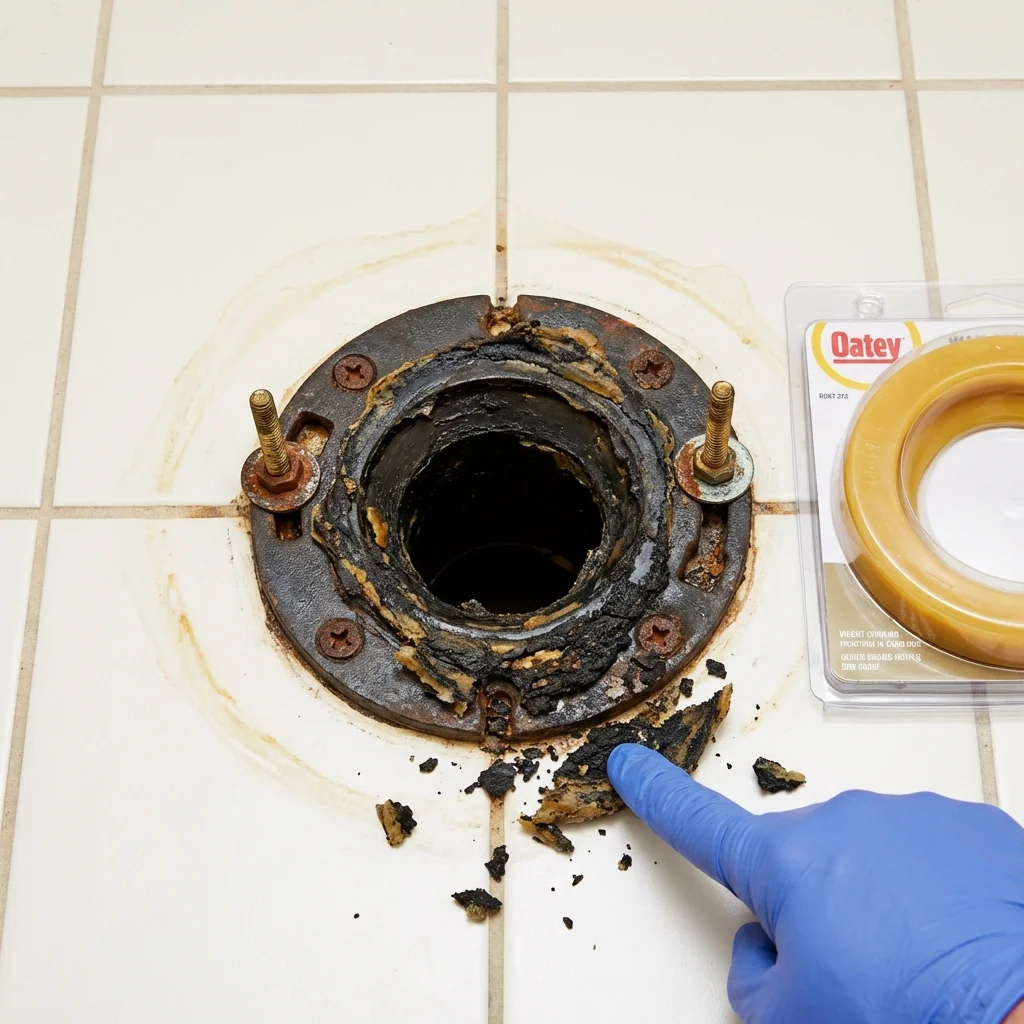 Failed wax ring showing water seepage at the base of a toilet in a Webster City, IA home