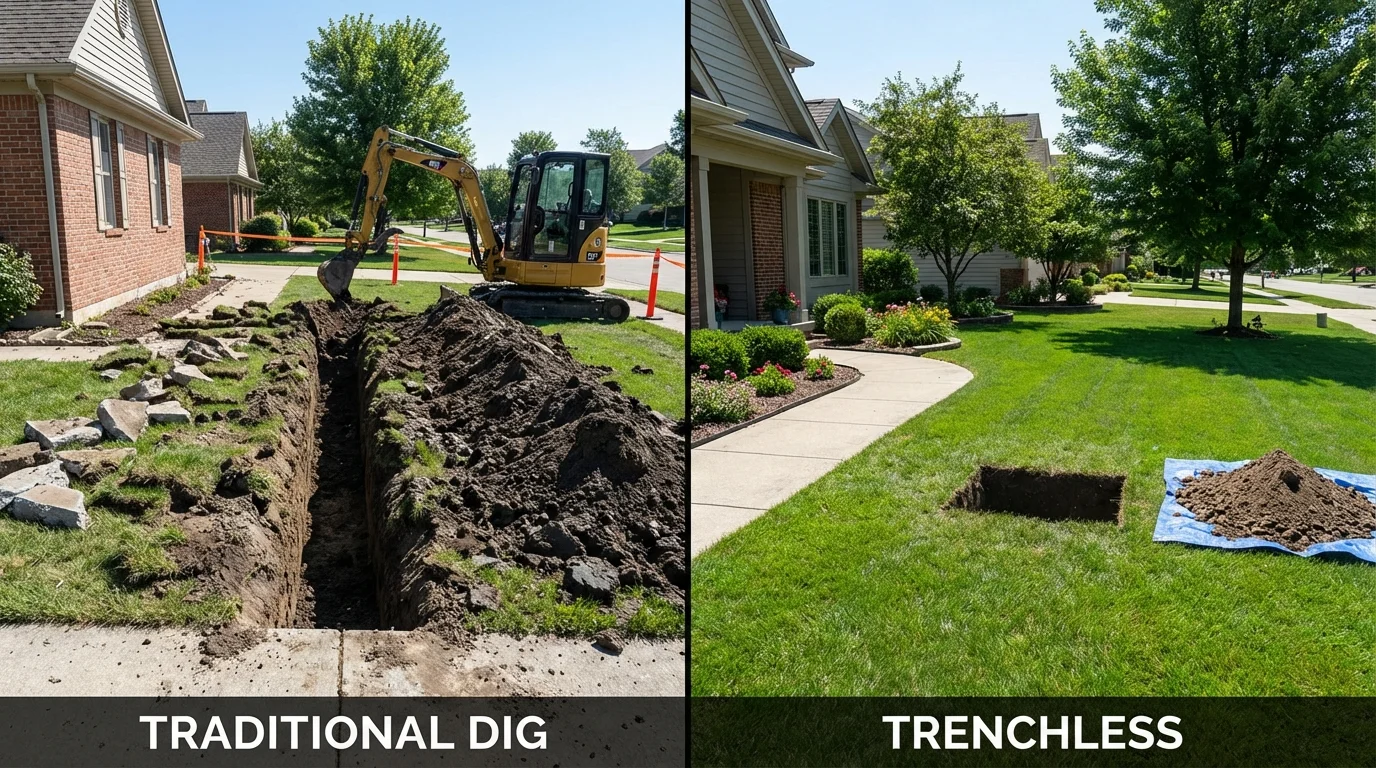 Trenchless sewer repair with minimal yard damage versus traditional excavation in Webster City, IA