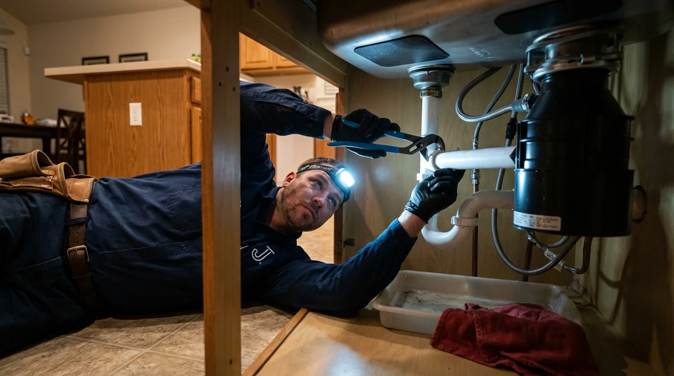 P-trap and supply line connections under a kitchen sink showing a common leak point in Webster City, IA
